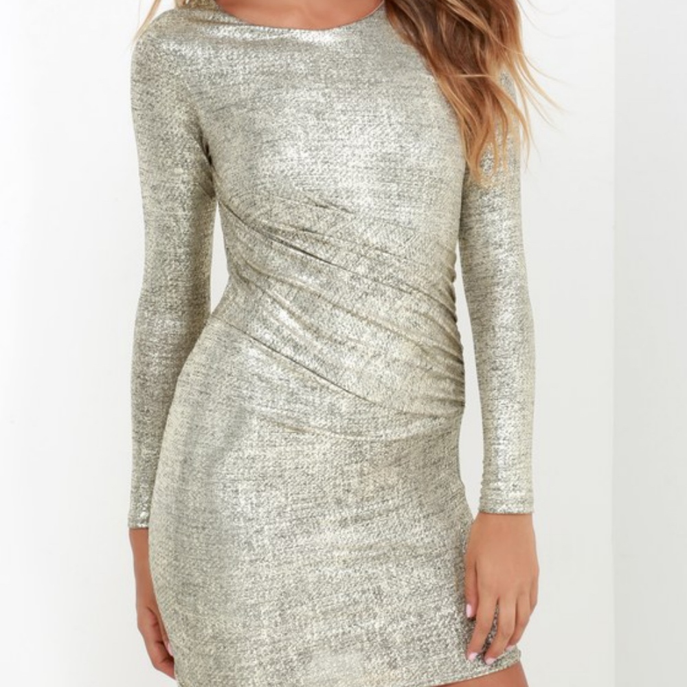 Lulu’s Gold Long Sleeve Bodycon Dress - Metallic - Winter Occasion Mini Dress